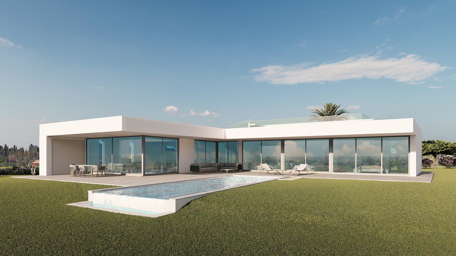 BAUBEGINN IN KÜRZE- Moderne 3 SZ Villa mit Pool und Meerblick, in der Nähe von Lagos, West Algarve | LG990 Das Projekt ist in der Genehmigungsphase, der Baubeginn erfolgt entsprechend. 
Es ist eine modernen 3 SZ Villa mit grossem Pool und Garage auf einem Grundstück von 3162 m². 
